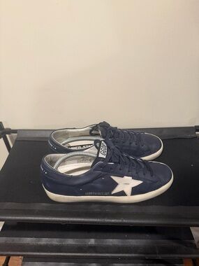 Golden Goose Navy Blue Leather Sneakers with White Star